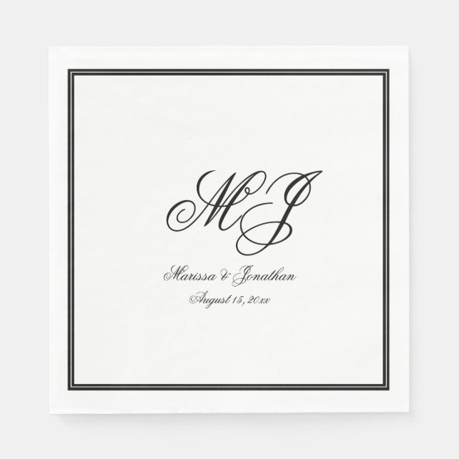 Elegant White Black Monogram Script Wedding Napkin (Front)