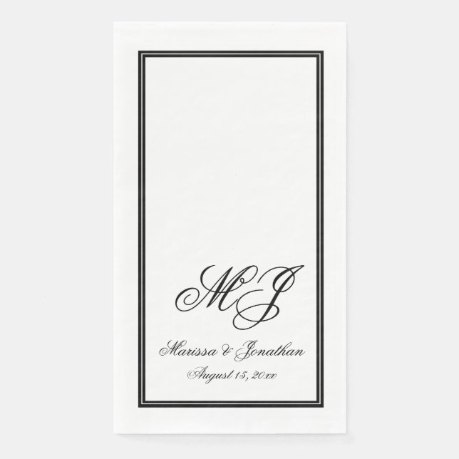 Elegant White Black Monogram Script Wedding Napkin (Front)