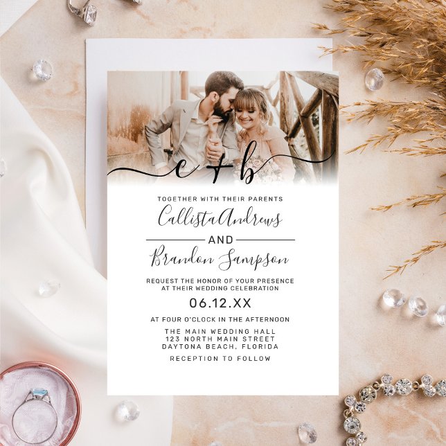 Elegant White Black Photo Monogram Wedding Invitation (Creator Uploaded)