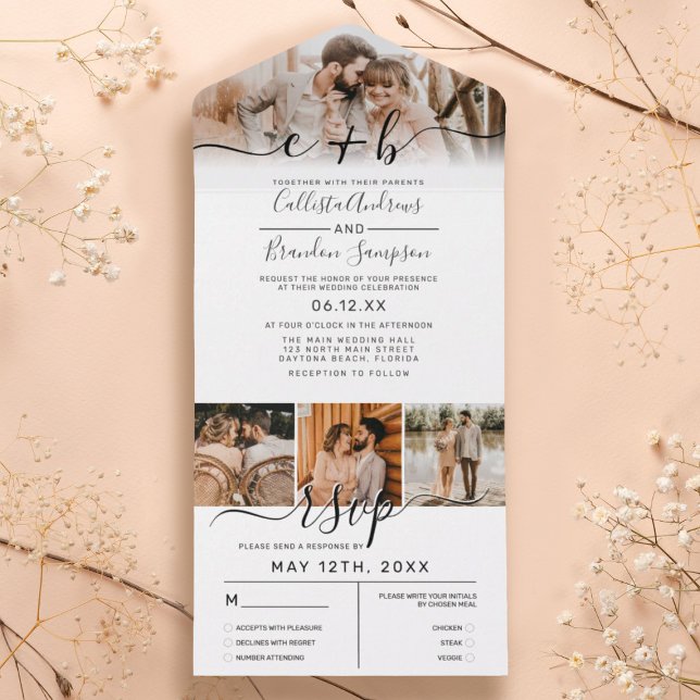 Elegant White Black Photo Monogram Wedding RSVP All In One Invitation (Creator Uploaded)