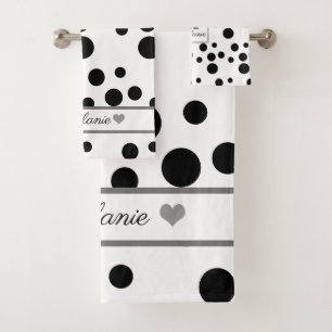 Elegant White, Black Polkadot Silver Heart Custom Bath Towel Set