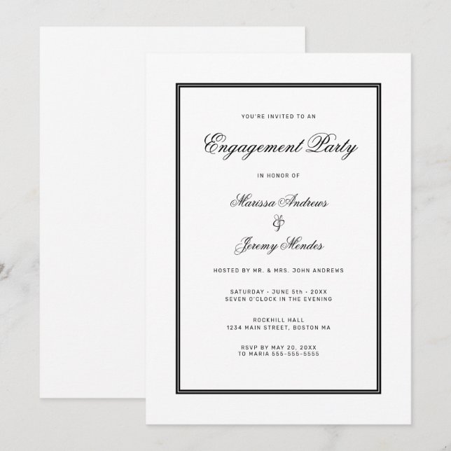 Elegant White Black Script Engagement Party Invitation (Front/Back)