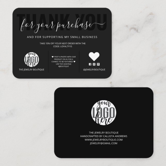 Elegant White Black Script Logo Customer Thank You Business Card (Front/Back)