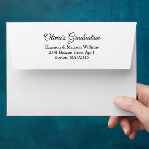 Elegant white black script personalized graduation envelope