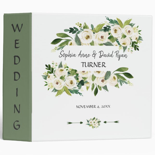 Elegant White Blooming Floral Handwriting Wedding Binder (Front/Spine)