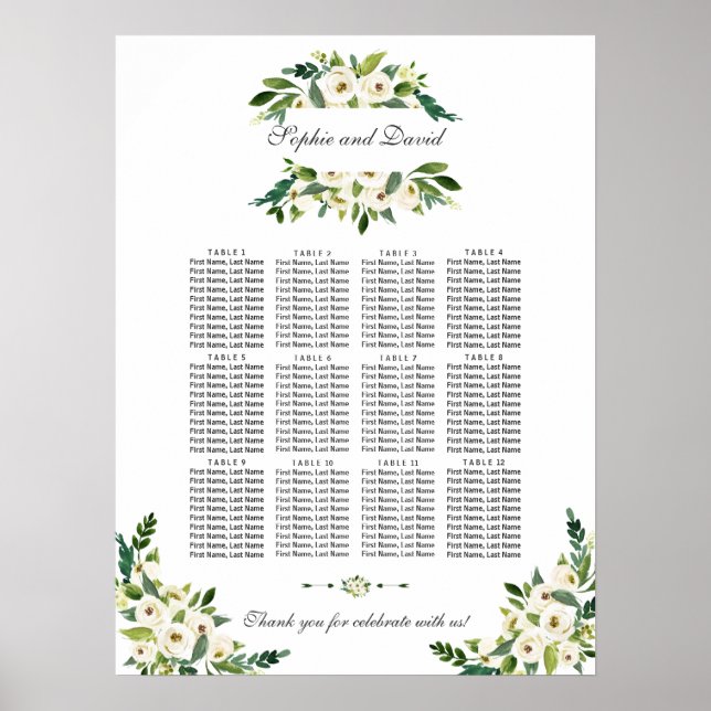 Elegant White Blooming Flowers Seating Chart (Front)