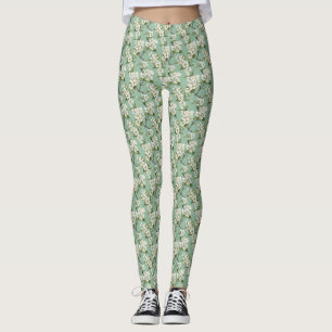 Elegant White Blossom Pattern on Pastel Sage Green Leggings