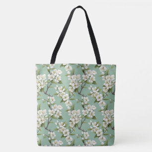 Elegant White Blossom Pattern on Sage Green Tote Bag