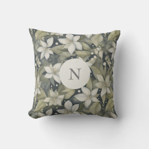 Elegant White Blossoms w Sage Leaves on Grey Throw Pillow