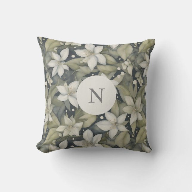 Elegant White Blossoms w Sage Leaves on Grey Throw Pillow (Front)