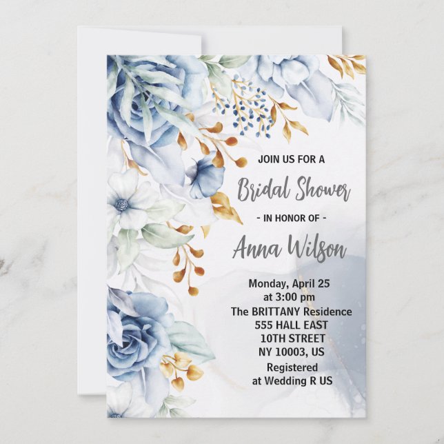 elegant white blue and gold floral bridal shower invitation (Front)