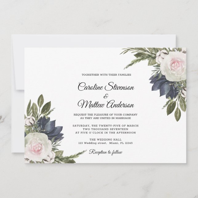  Elegant White | Blue Floral Wedding invitation (Front)