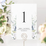 Elegant White, Blue Floral Wedding Table Number<br><div class="desc">Help your guests find their table with this elegant modern table number personalized with your name(s) and event. Table number with elongated area with number and details, framed by exquisite watercolor greenery and white and blue flowers. Double sided table number cards in case you like to use it in clear...</div>