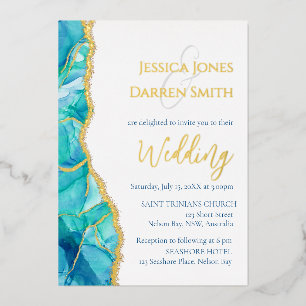 Elegant White Blue Gold Foil Wedding Invitation
