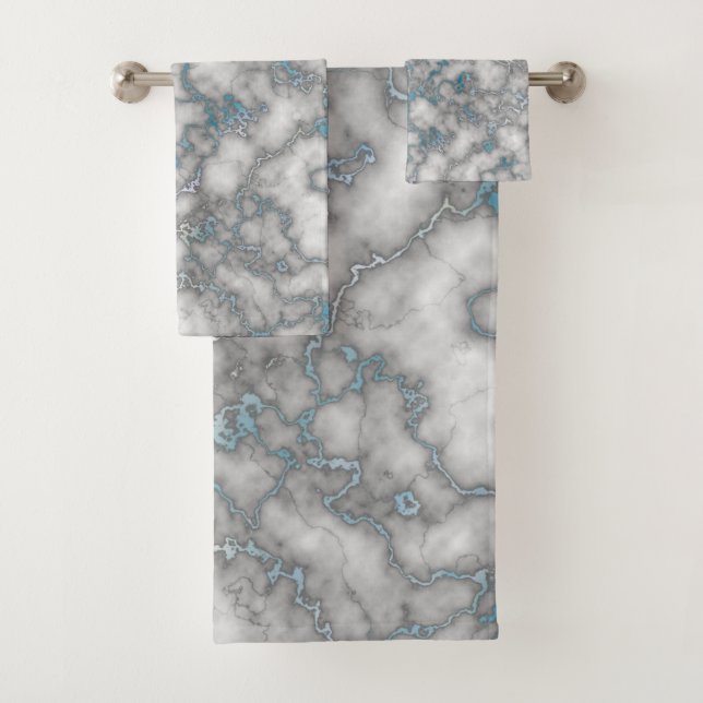 Elegant White Blue Marble Bath Towel Set (Insitu)
