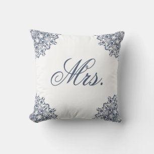 Elegant White Blue Mr. & Mrs. Matching His & Hers Throw Pillow