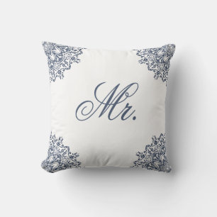 Elegant White Blue Mr. & Mrs. Matching His & Hers Throw Pillow