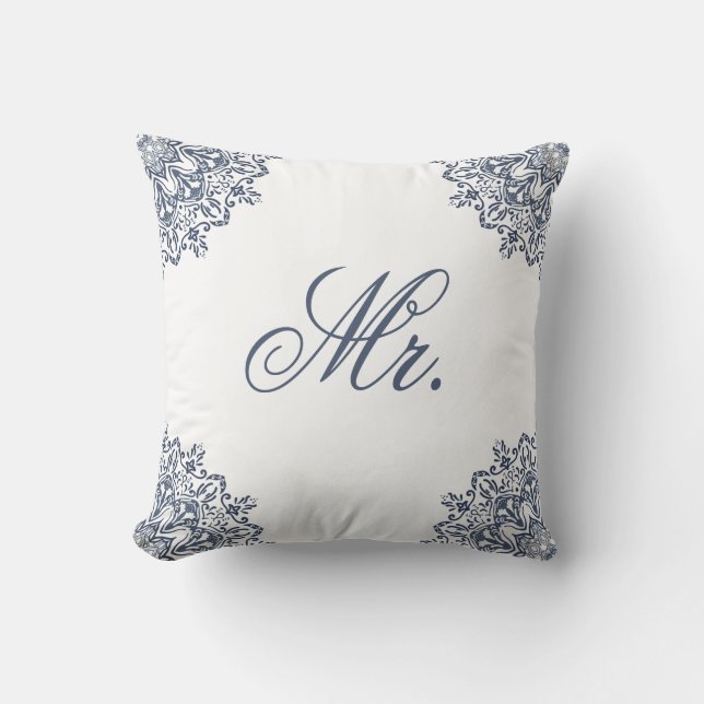 Elegant White Blue Mr. & Mrs. Matching His & Hers Throw Pillow (Front)