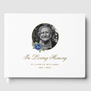 Elegant White Blue Rose Floral Funeral Photo Guest Book