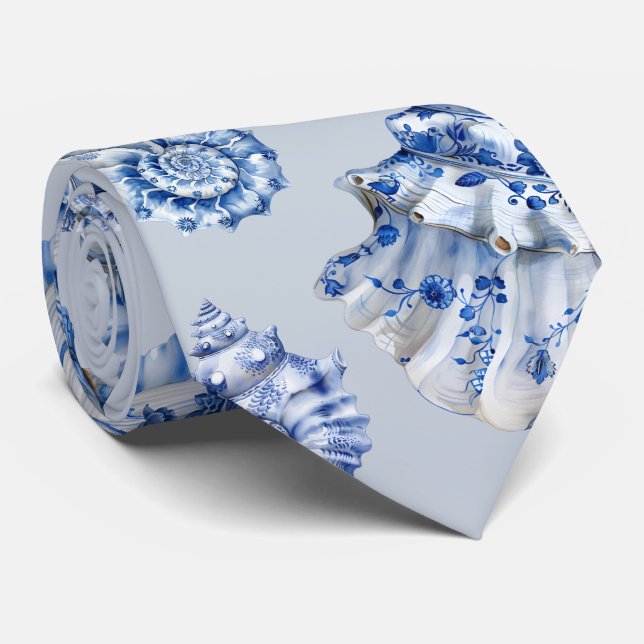 Elegant white blue seashells Neck Tie (Rolled)