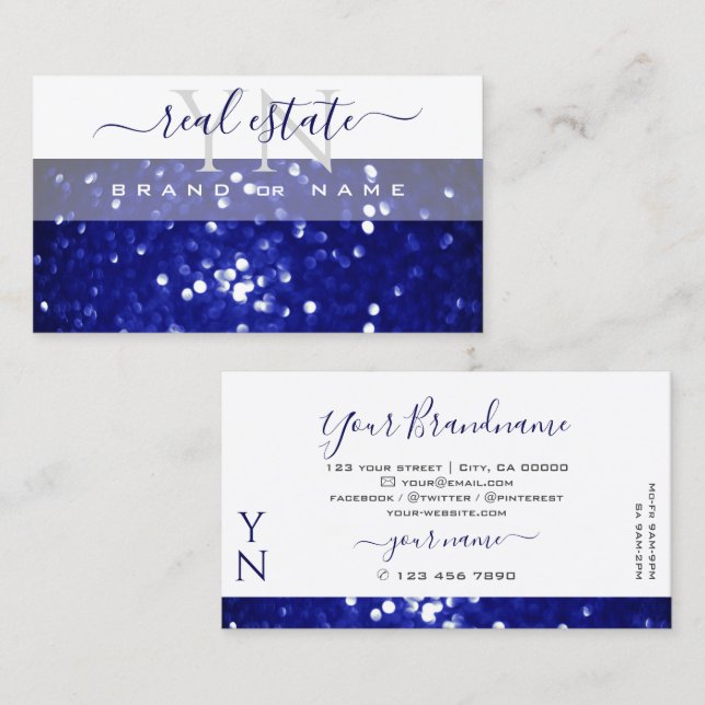 Elegant White Blue Sparkling Glitter with Monogram Business Card (Front/Back)
