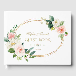 Elegant White Blush Floral Gold Frame Wedding Guest Book