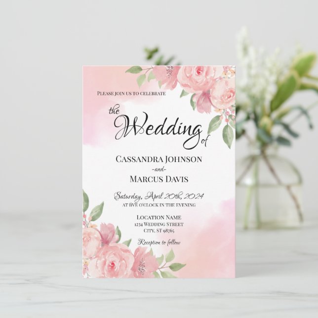 Elegant White Blush Pink Floral Watercolor Wedding Invitation (Standing Front)