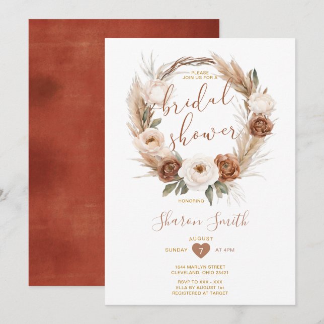 Elegant White Boho Terracota Flowers Bridal Shower Invitation (Front/Back)