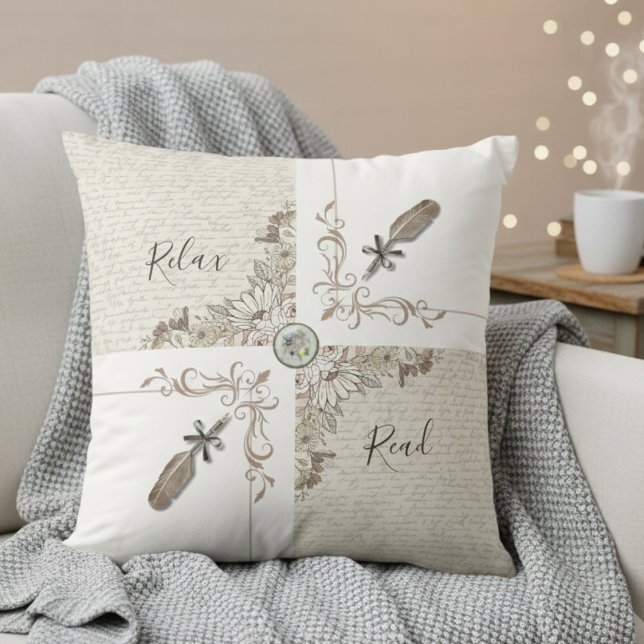 Elegant White Bookish Quill Home Décor Reading Throw Pillow (Cozy up with a unique vintage style home decor throw pillow)