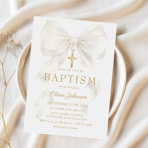 Elegant White Bow Baptism Girl Invitation