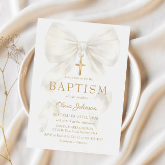 Elegant White Bow Baptism Girl Invitation