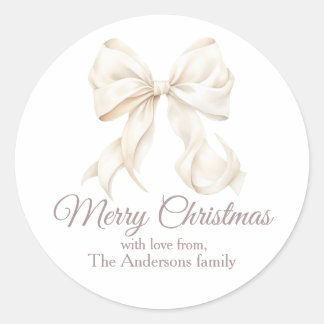 Elegant White Bow Merry Christmas  Classic Round Sticker