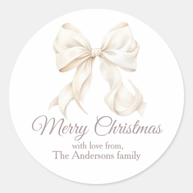Elegant White Bow Merry Christmas  Classic Round Sticker (Front)