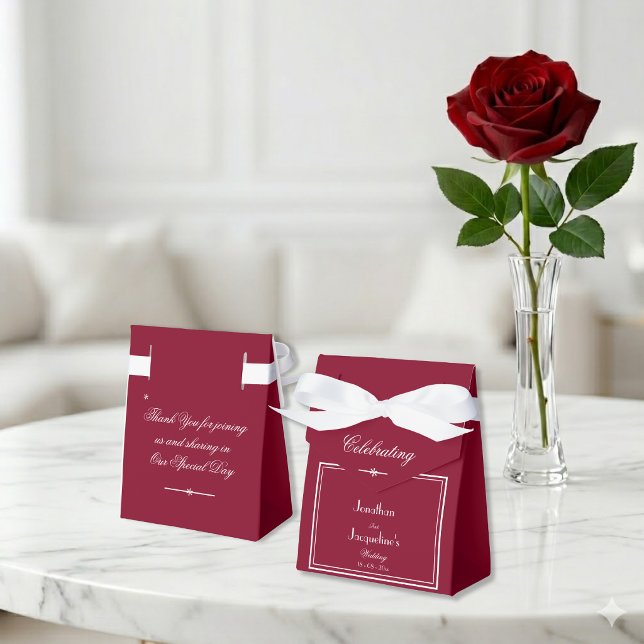 Elegant White Bow & Script on Cute Burgundy Red Favor Box (Too cute for words. See matching items in our Burgundy Red Wedding Collection.)