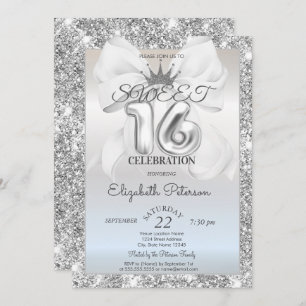 Elegant White Bow,Tiara,Silver Glitter Sweet 16  Invitation