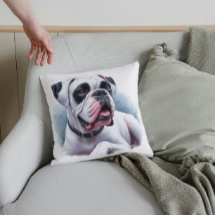 Elegant White Boxer Dog – Watercolor Style Throw Pillow