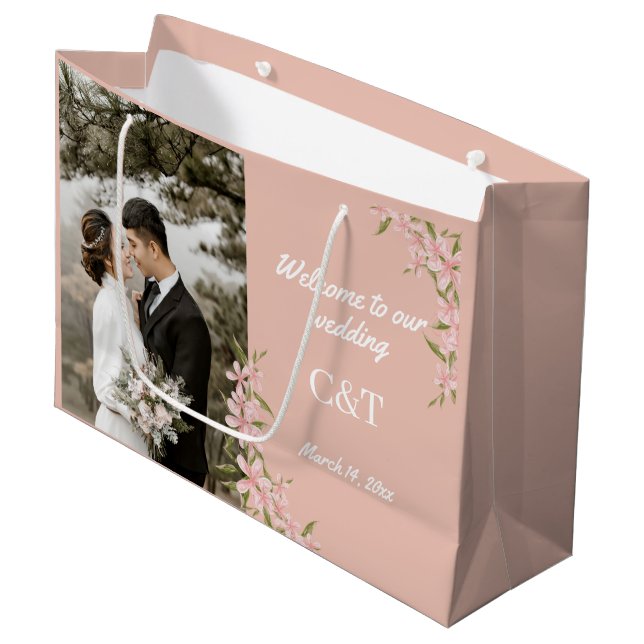 Elegant White & Brown Bohemian Wedding Large Gift Bag (Front Angled)