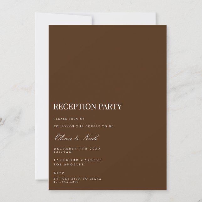 Elegant White & Brown Reception Invitation Card (Front)