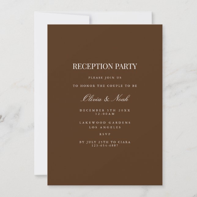 Elegant White & Brown Reception Invitation Card (Front)