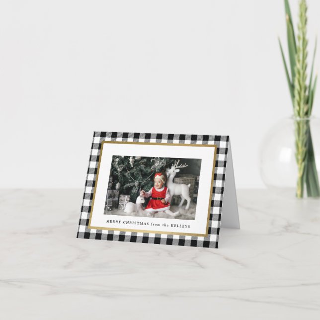 Elegant White Buffalo Plaid Folded Photo Card (Front)