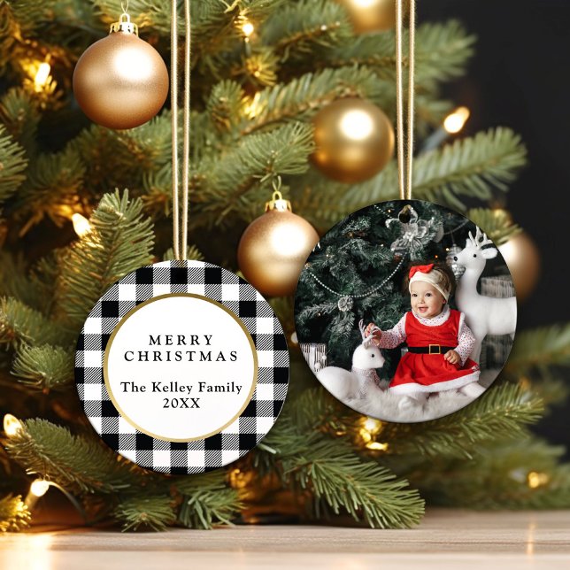 Elegant White Buffalo Plaid Photo Ceramic Ornament (Creator Uploaded)