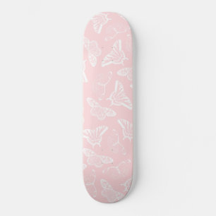 Elegant White Butterflies Pink Design Skateboard