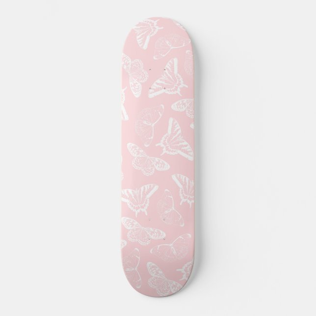 Elegant White Butterflies Pink Design Skateboard (Front)