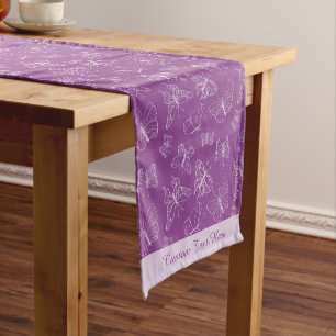 Elegant White Butterfly Pattern Purple Personalize Short Table Runner