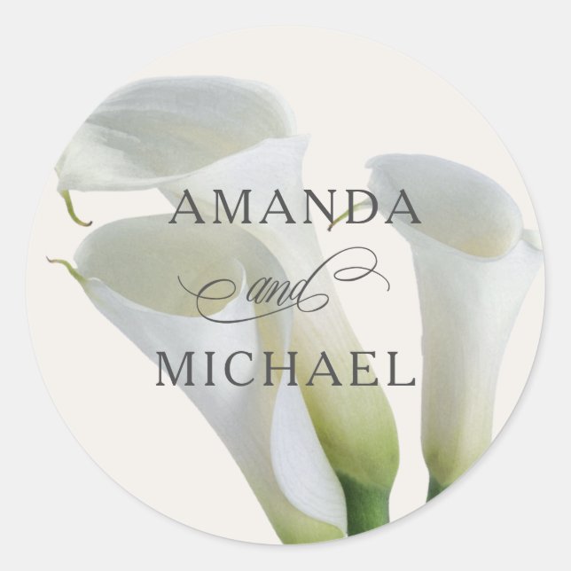 Elegant White Calla Lilies Personalized Classic Round Sticker (Front)