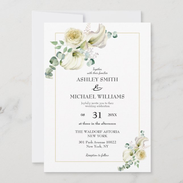 Elegant White Calla Lily & Eucalyptus Greenery Invitation (Front)