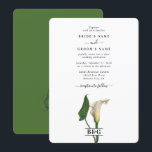 Elegant White Calla Lily Green Botanical Wedding Invitation<br><div class="desc">An elegant monogram White Calla Lily design with a green botanical background. A white watercolor Calla Lily themed wedding design that uses elements of green to create botanical wedding design. A charming floral design using classy script typography. An elegant white Calla Lily flower wedding invitation design with modern elements. Matching...</div>