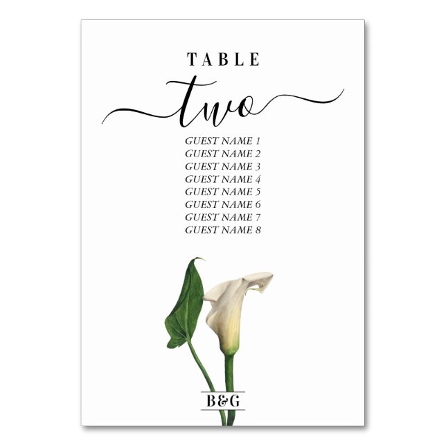 Elegant White Calla Lily Green Botanical Wedding Table Number (Front)