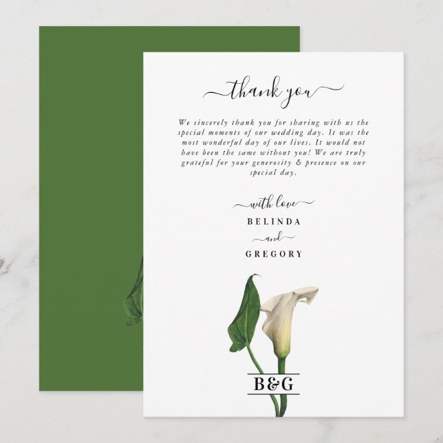 Elegant White Calla Lily Green Botanical Wedding Thank You Card (Front/Back)