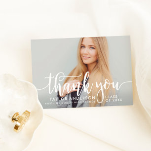Elegant White Calligraphy Graduation Photo Thank You Card